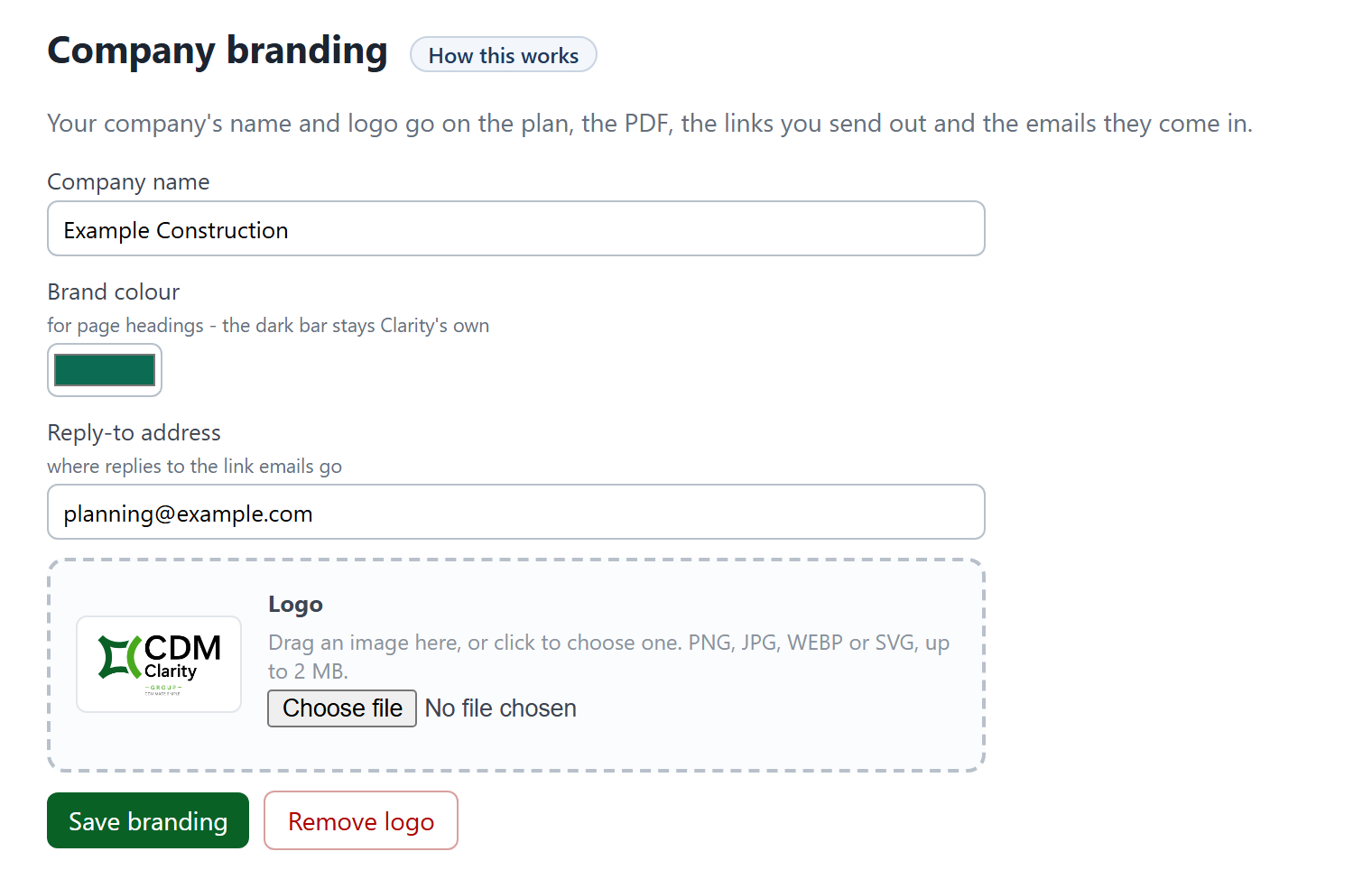 Name, colour, reply-to and a drag-and-drop logo.