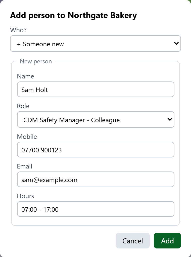 + Person: choose someone already known, or + Someone new for the boxes to add them.