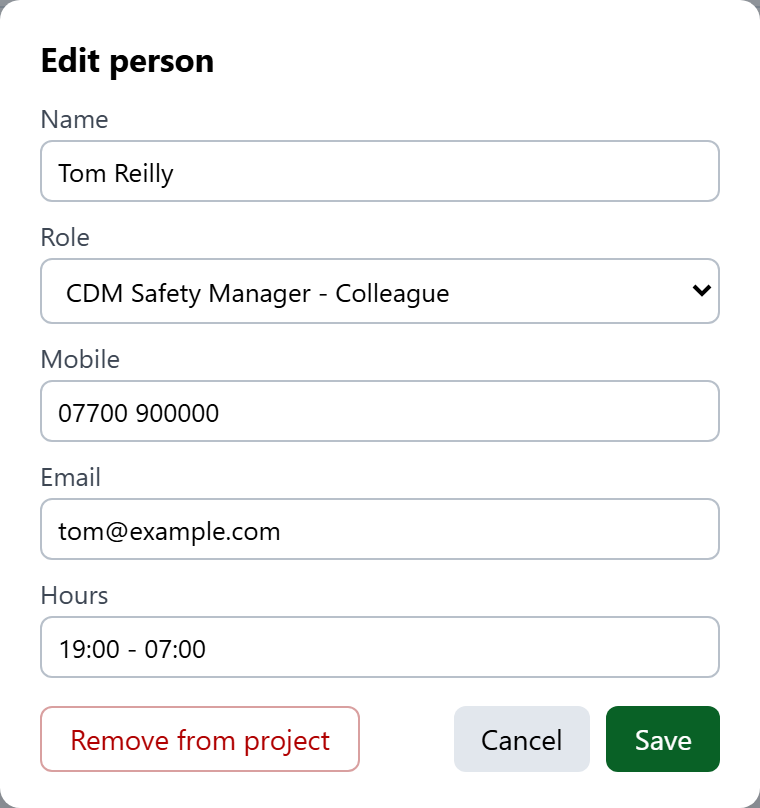 Click a name to edit them or take them off the project.