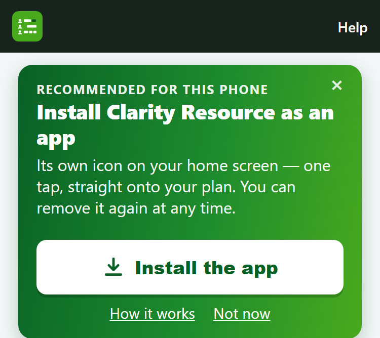 On a personal link the same banner appears on phones - one tap puts the plan on the home screen.