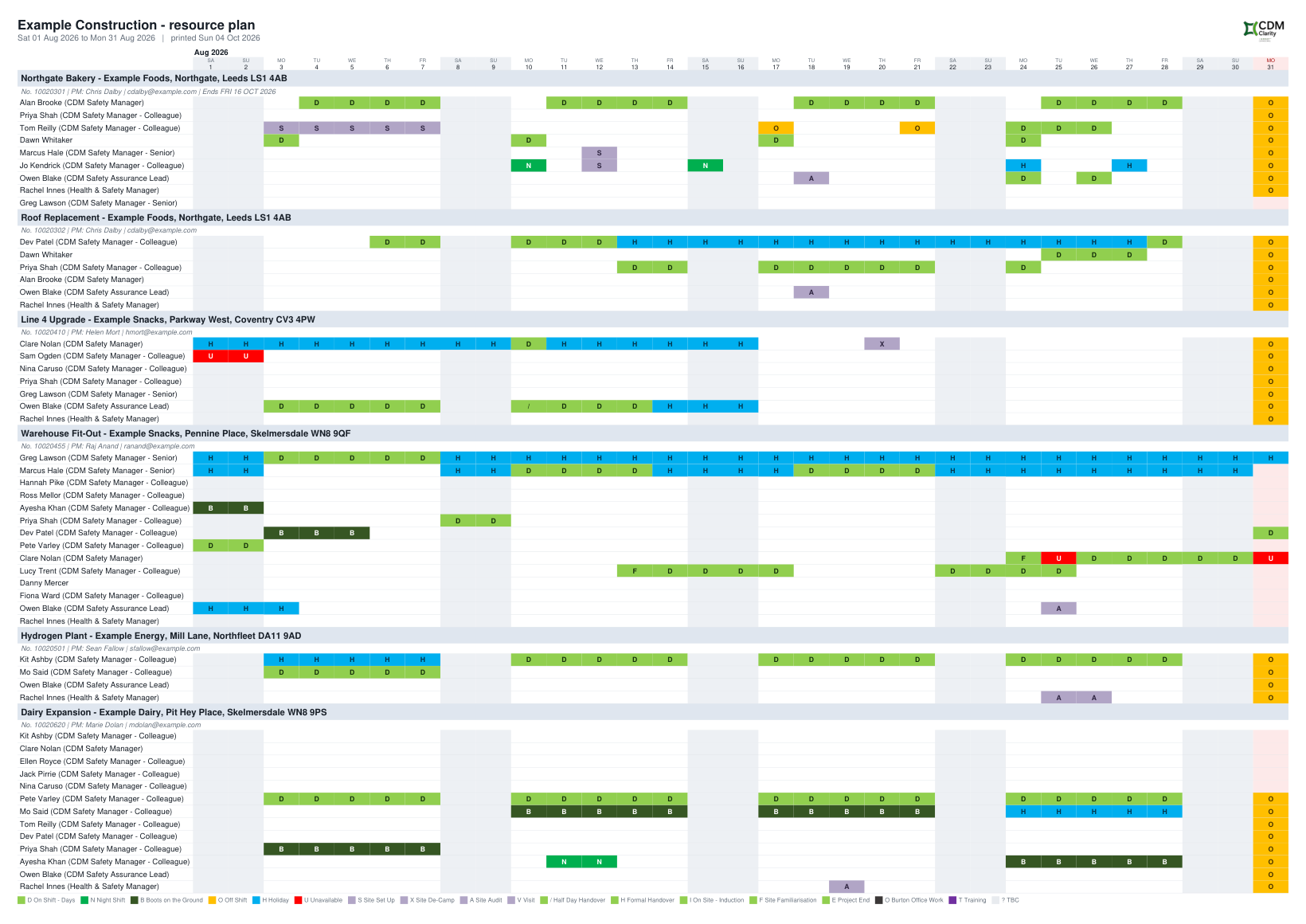 A month on one A3 sheet: every project, the colours and letters, the logo and the key.