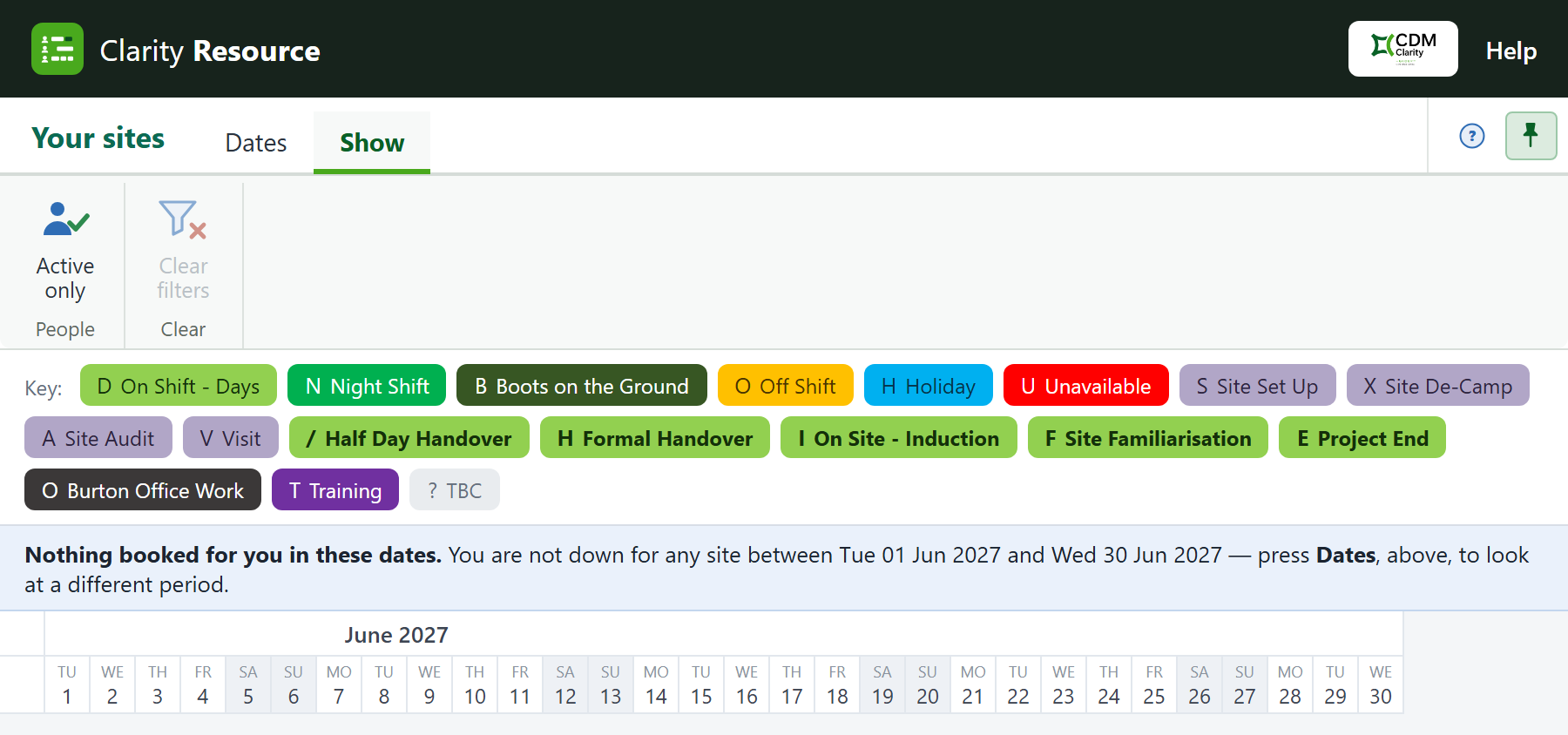 When you have nothing booked in the dates shown, it says so.