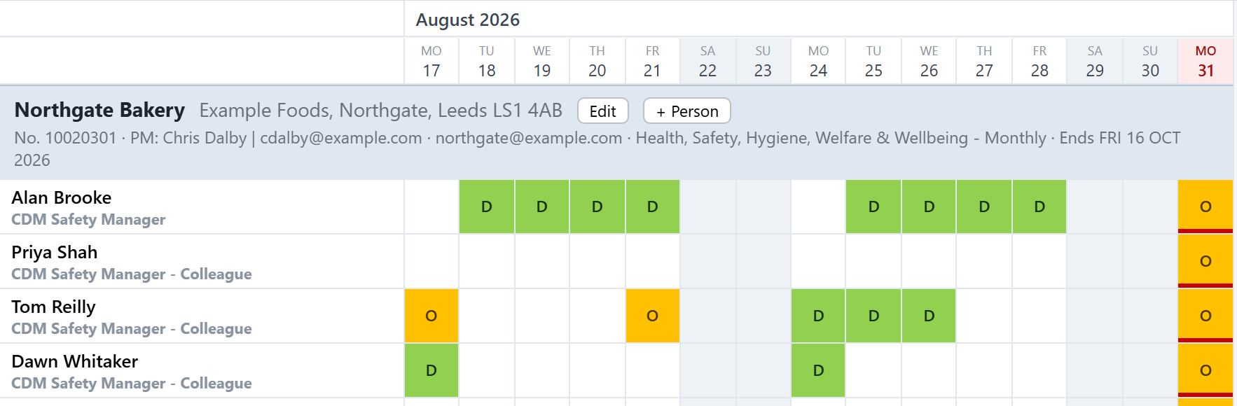 31 August is a bank holiday: its date is in red, with a red bar under anyone booked on it. Weekends are shaded grey.