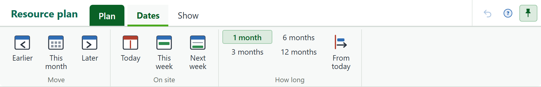 The Dates tab: move, the on-site views, and how much calendar to show. The pin on the right folds the buttons away.
