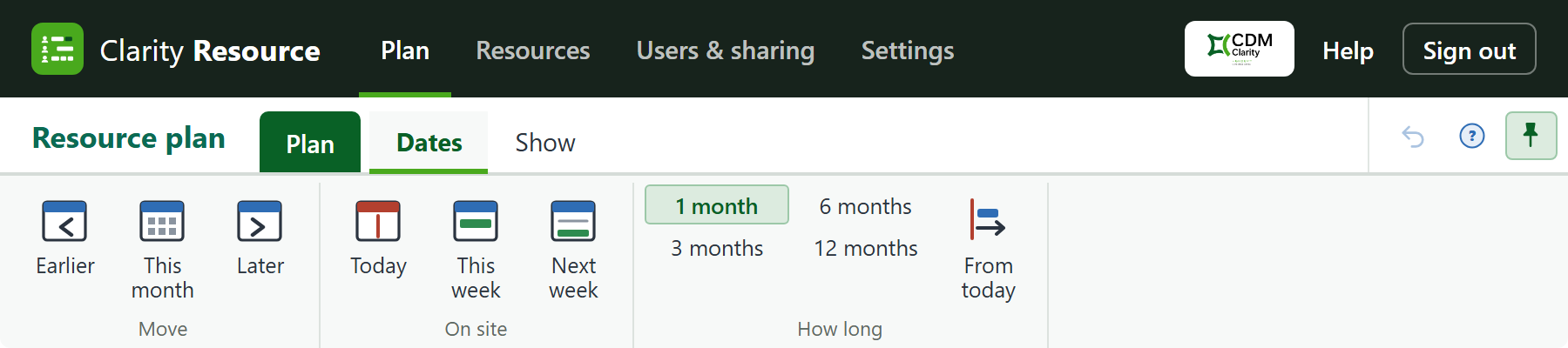 The dark Clarity bar with its tabs, then the plan's ribbon, open on its Dates tab.