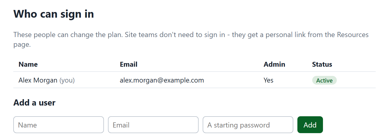 Who can sign in, with Add a user straight underneath.
